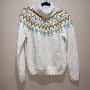 Rachel Zoe Ivory Turtleneck Sweater with Mustard & Light Blue Fair Isle Yoke